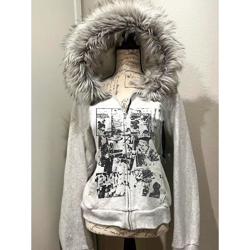 Vintage Zip Hoodie - Szara wełniana kurtka ze sztucznego futra