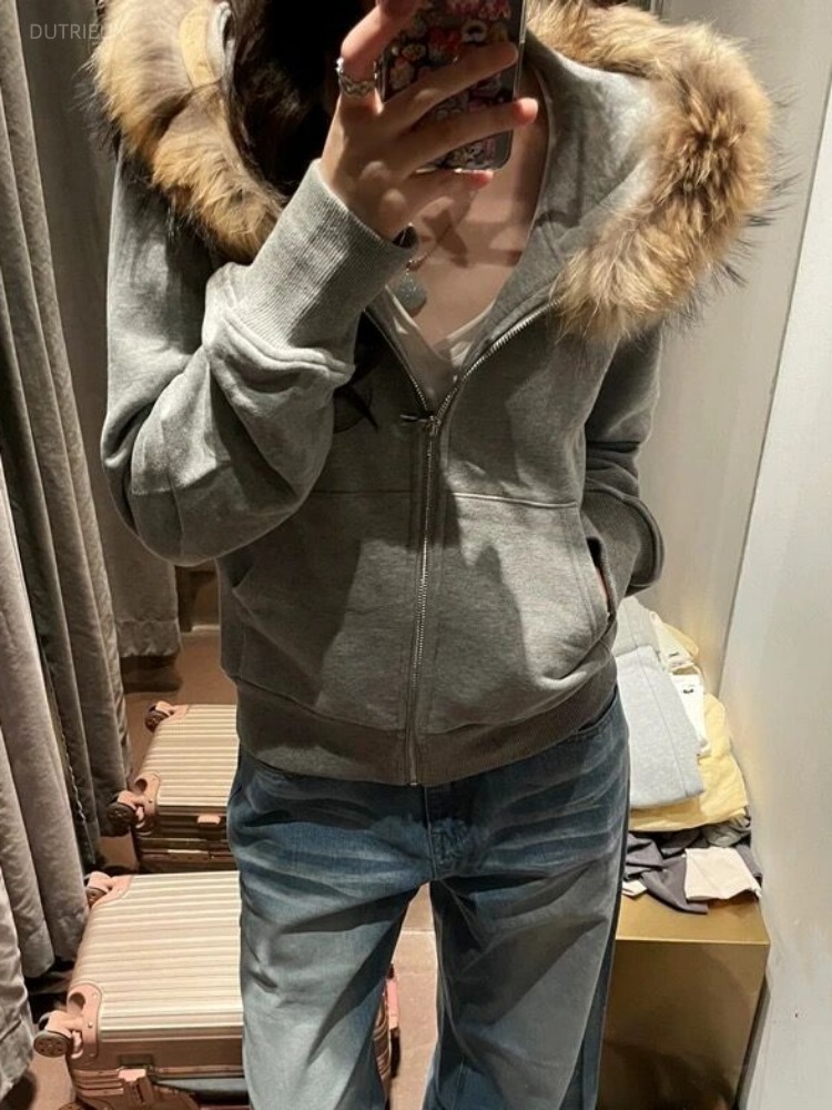 Damskie szare bluzy z kapturem – Vintage Zip Hoodie recenzja i cena